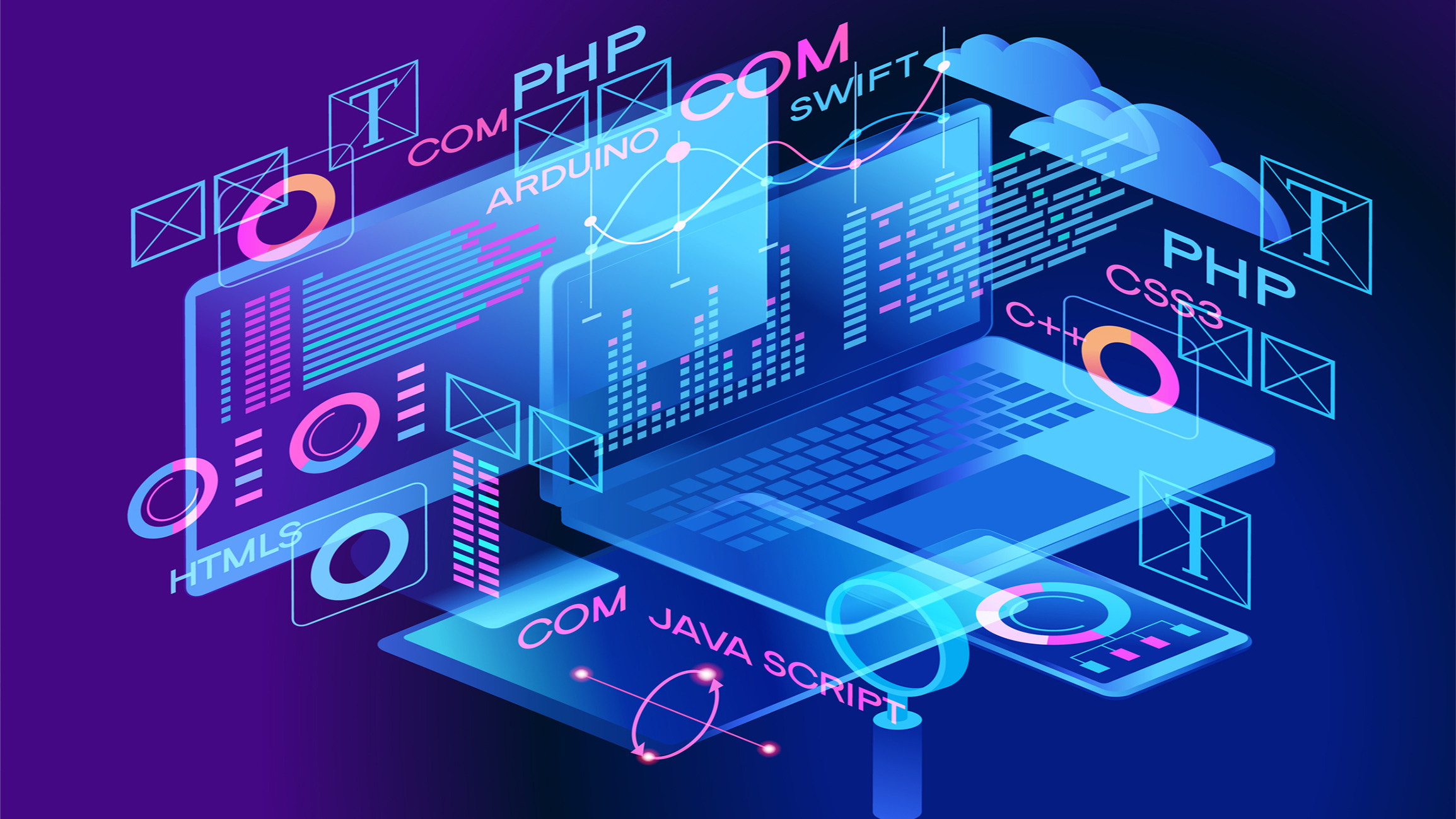 System Security Specialist Working at System Control Center. Room is Full of Screens Displaying Various Information.